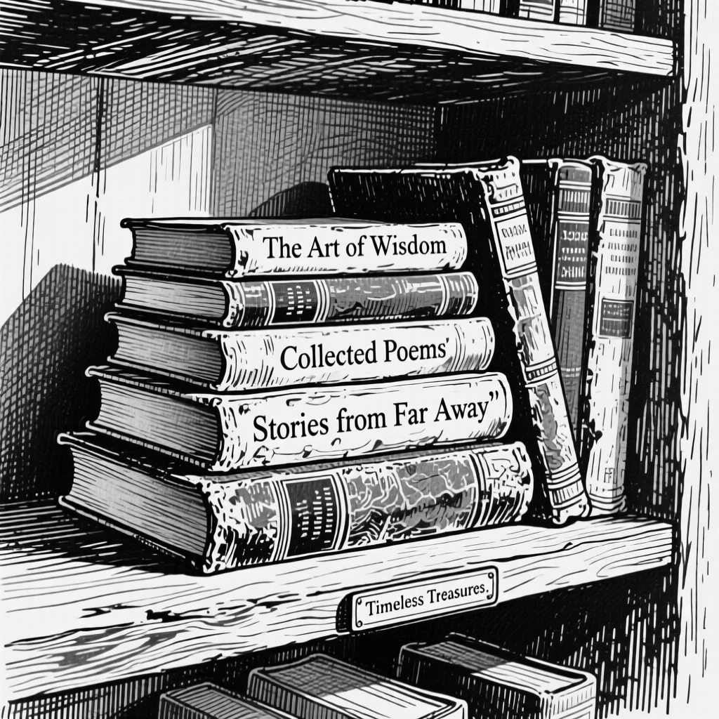 A stack of well-loved books displayed on an open shelf, with soft natural light falling across its surface, forming a timelessly charming still-life study.