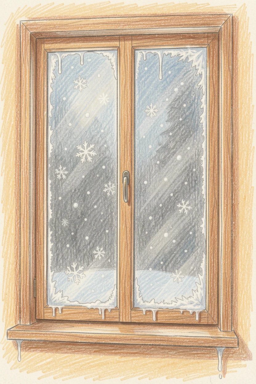 A gentle snowfall observed from a warm, quiet window, arranged with simple, uncluttered composition, celebrating stillness, simplicity, and inner peace.