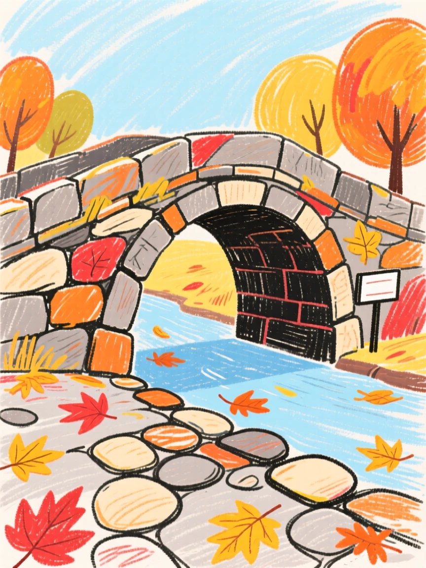 A view of an old stone bridge dusted with autumn leaves along its streets.