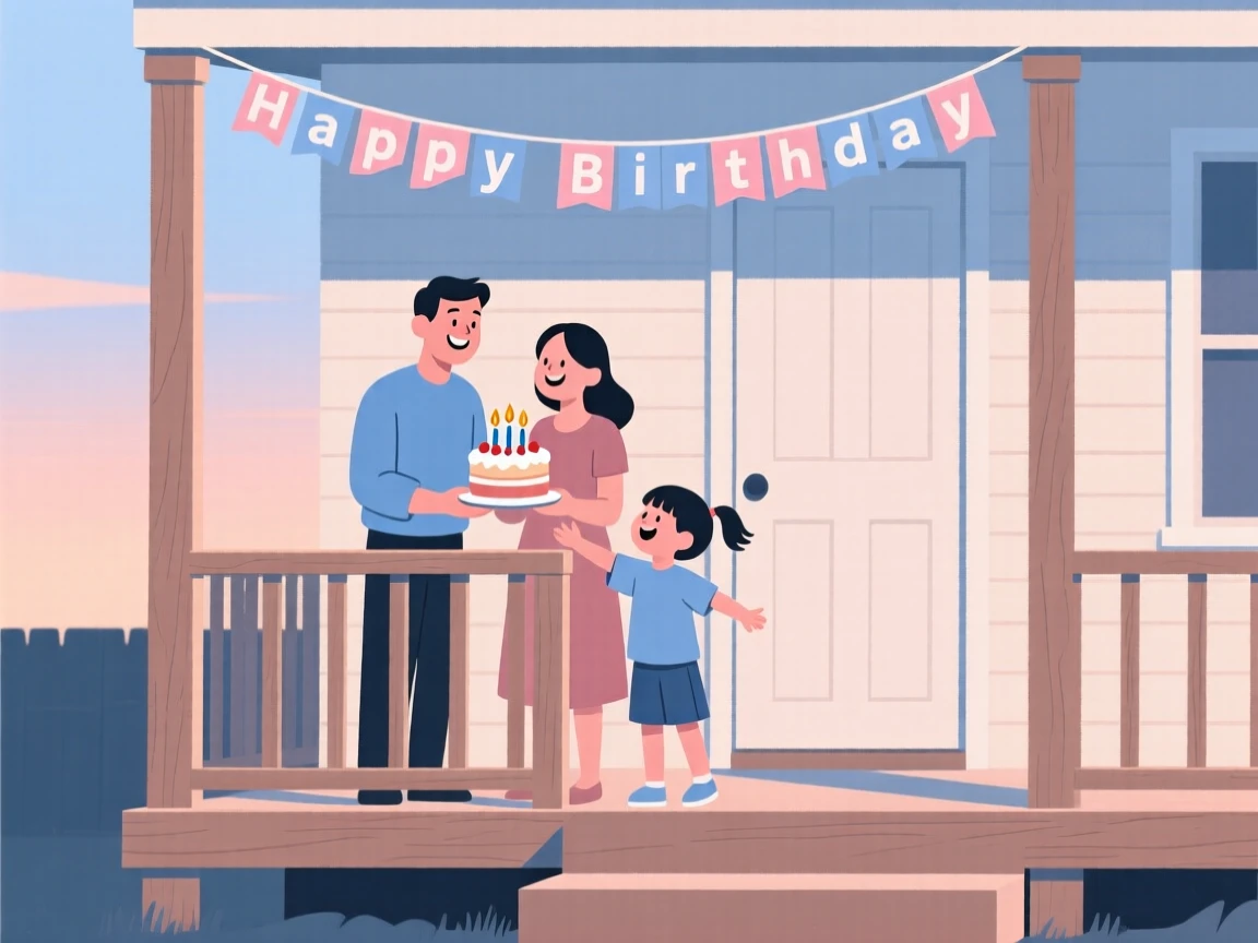 A family celebrating a birthday together on the front porch.