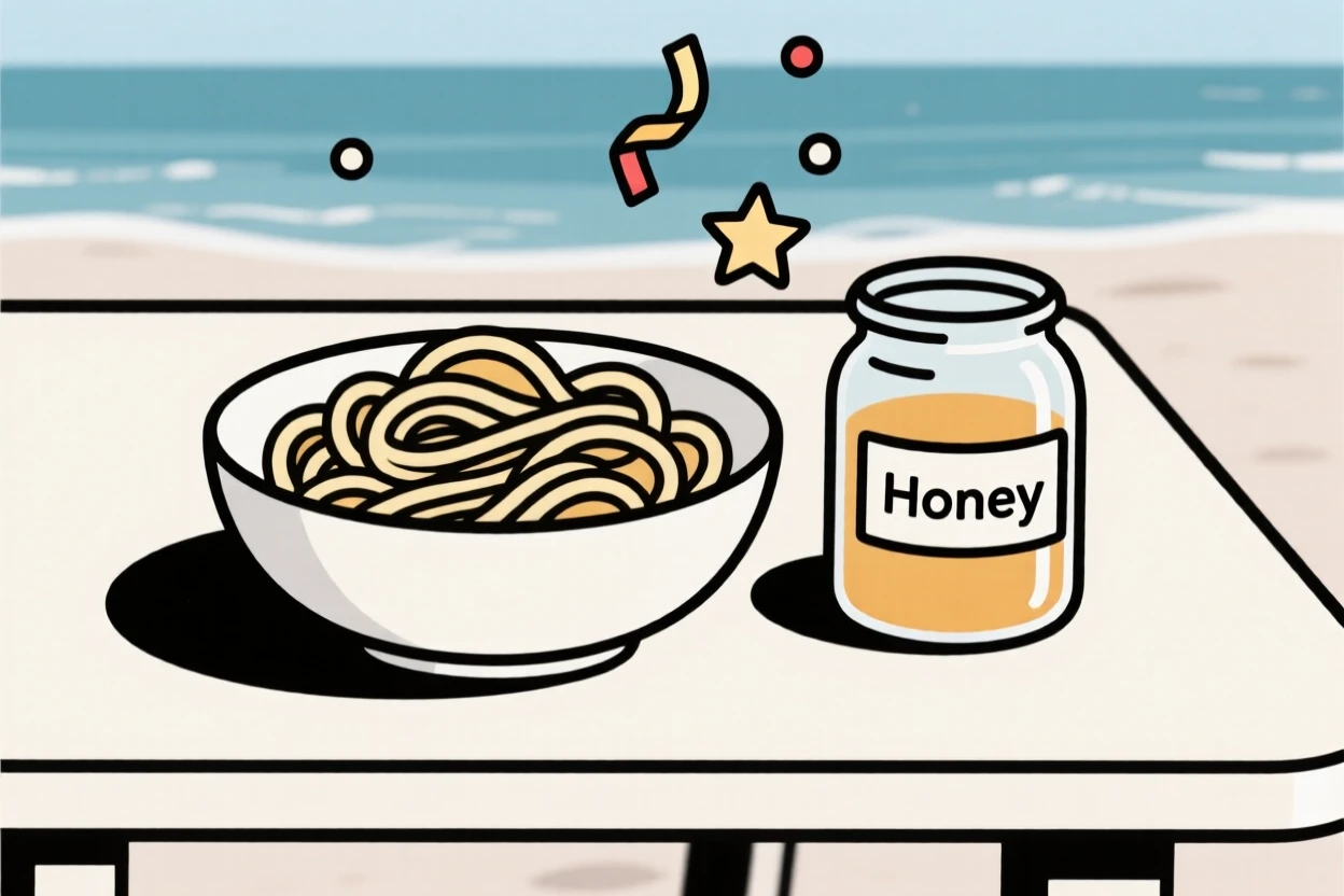 A close-up of bowl of creamy pasta arranged beside a glass jar of honey in a seaside restaurant table, full of festive celebration.
