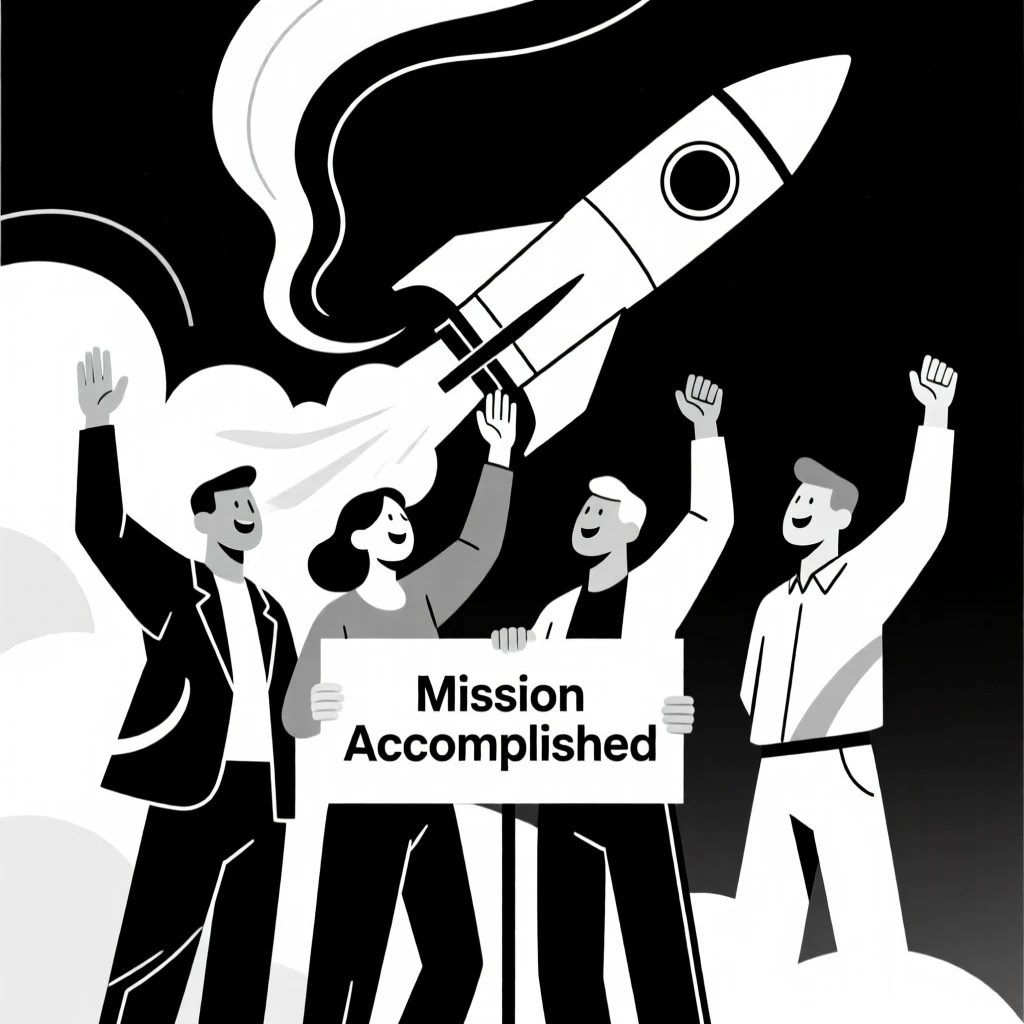 A team celebrating a successful rocket launch.