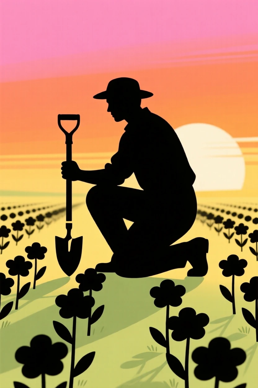 A gardener kneeling among rows of blooming flowers, trowel in hand.