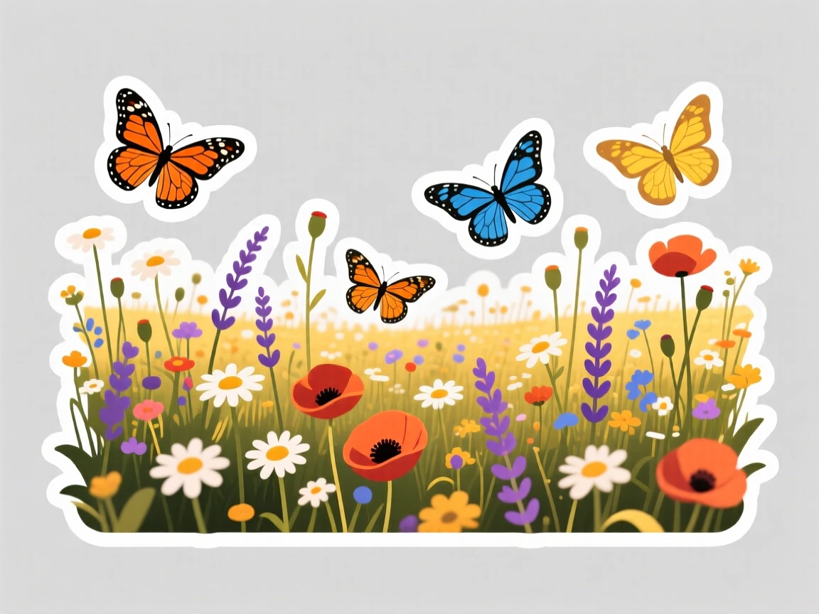 A breathtaking meadow full of wildflowers and butterflies, illuminated by warm afternoon sunlight, on a clear and cloudless day.