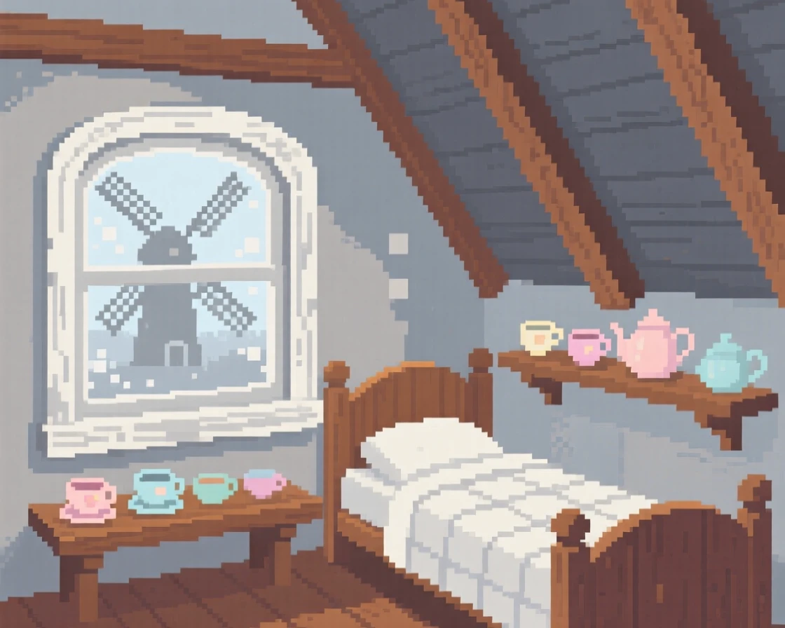 A tiny attic bedroom arranged with teacups and a fogged-up window, inside a windmill converted into a tiny home.