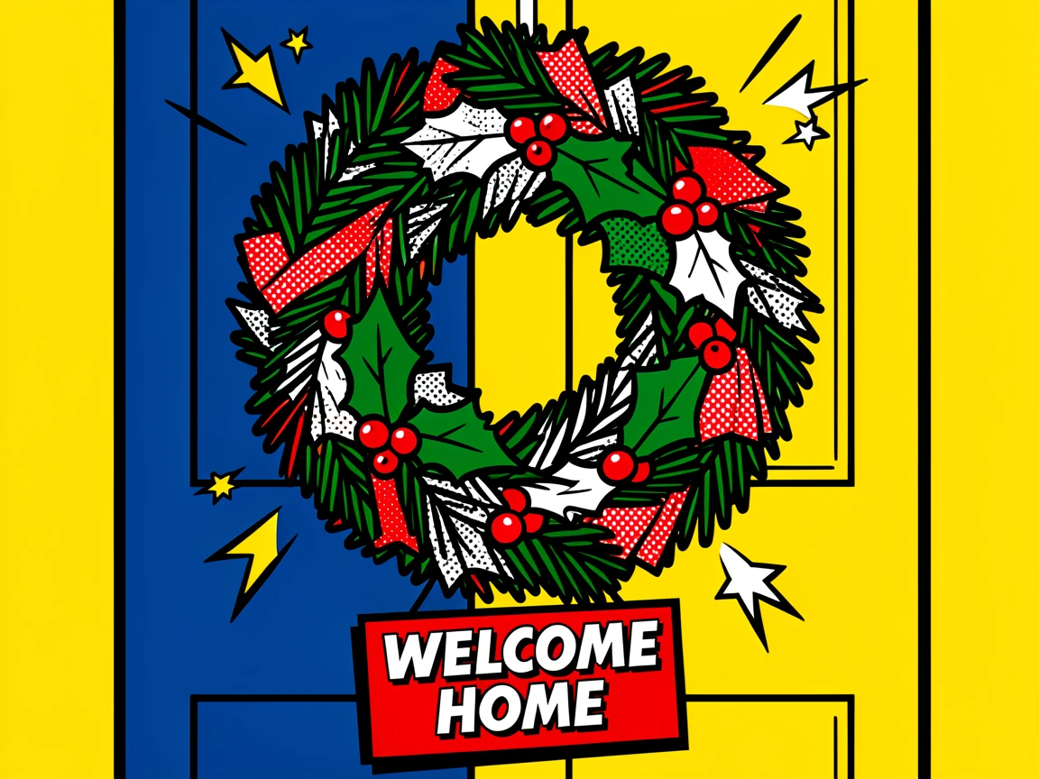 A wreath of pine and holly hanging on a front door