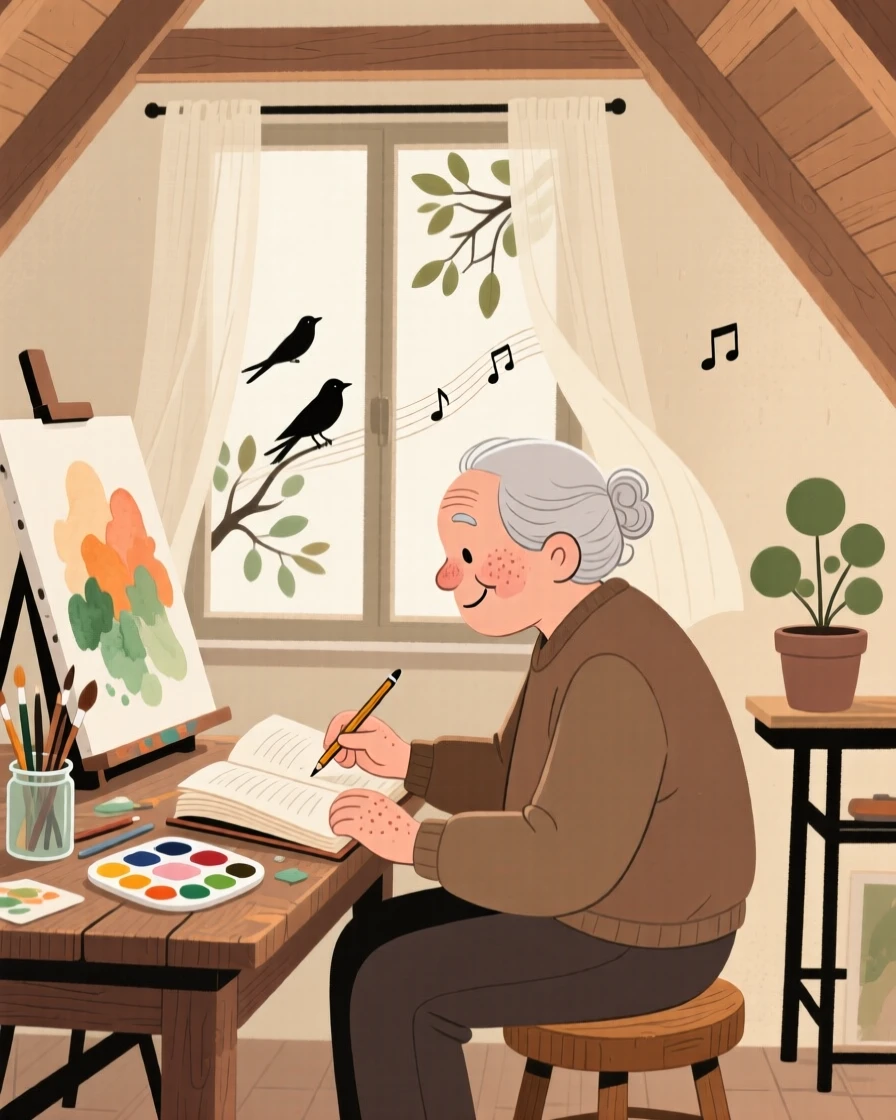 A elderly painter sits in a quiet attic studio practicing a favorite novel, fully absorbed as birdsong drifts through the open window.
