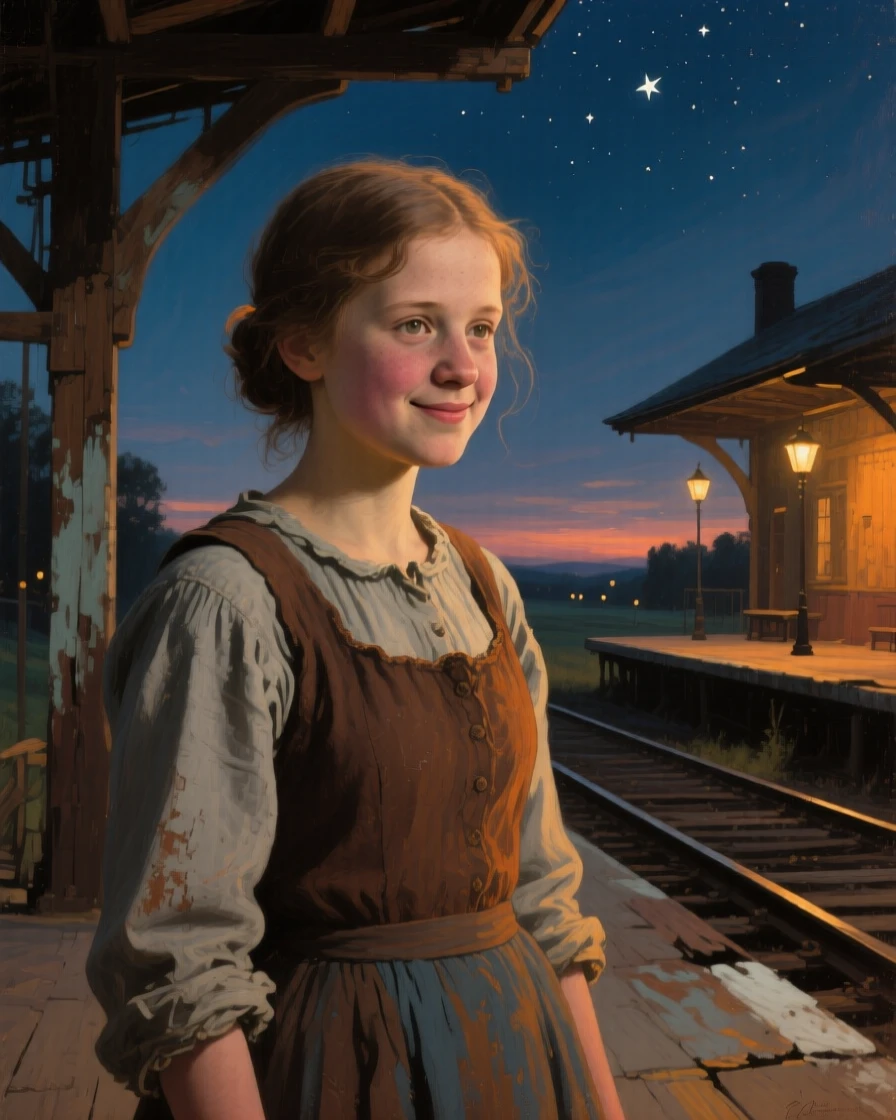 A close-up portrait of a farm girl on a train platform at dusk, expressing gentle nostalgia, under the night sky.
