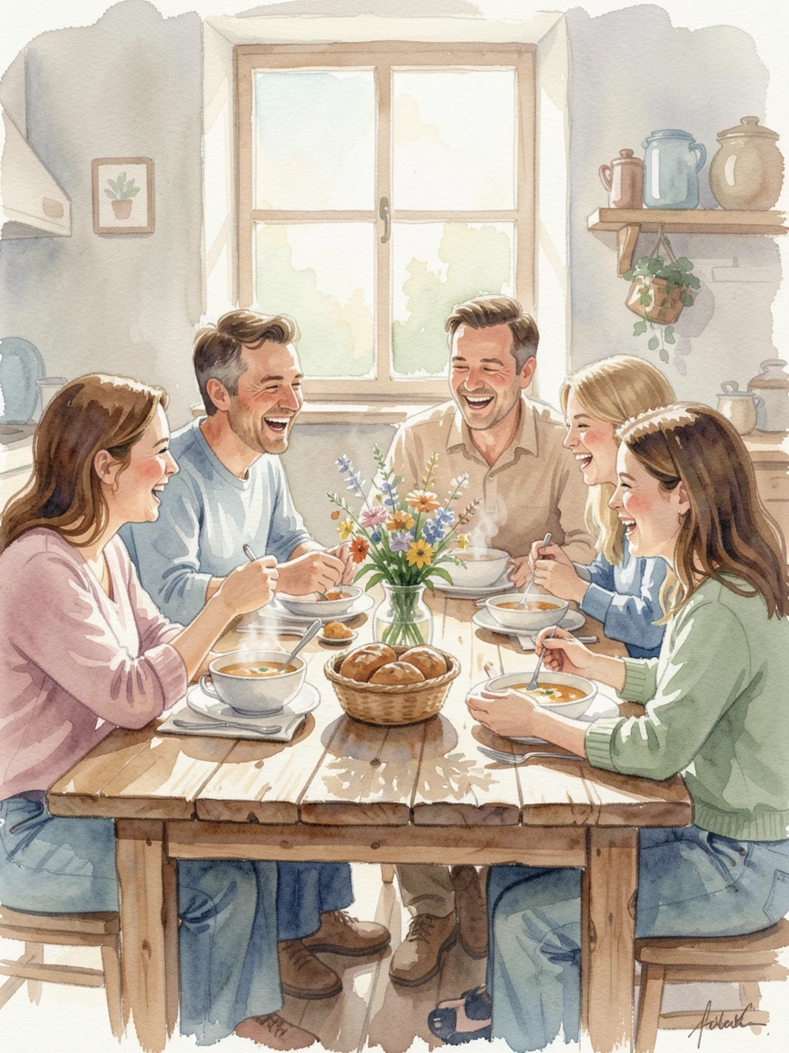 A family gathered around a table sharing a meal with laughter echoing softly.