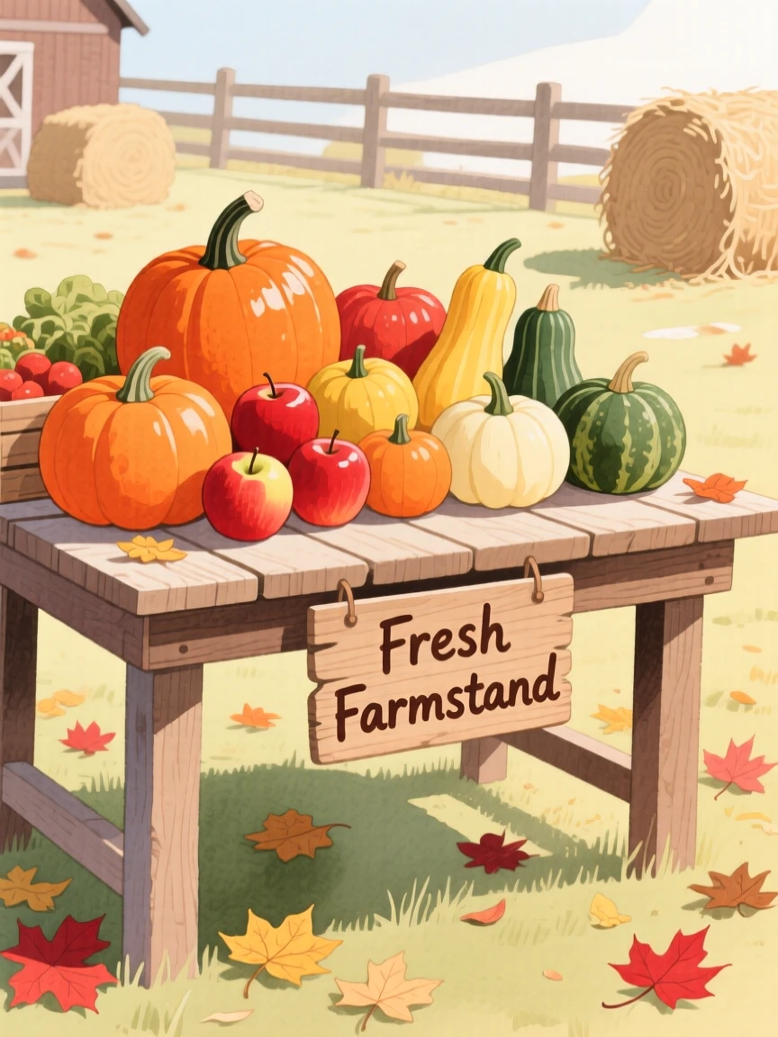 A cozy scene featuring a farmstand table piled with pumpkins, apples, and squash.