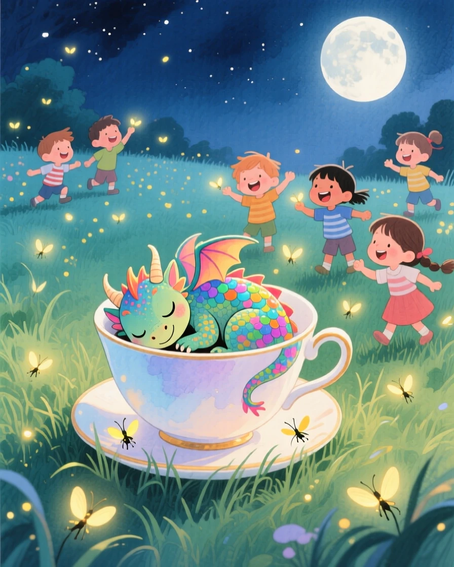 A tiny dragon curled asleep in a teacup playing with a group of delighted children, in a moonlit meadow dotted with fireflies, radiating gentle magic and wonder.
