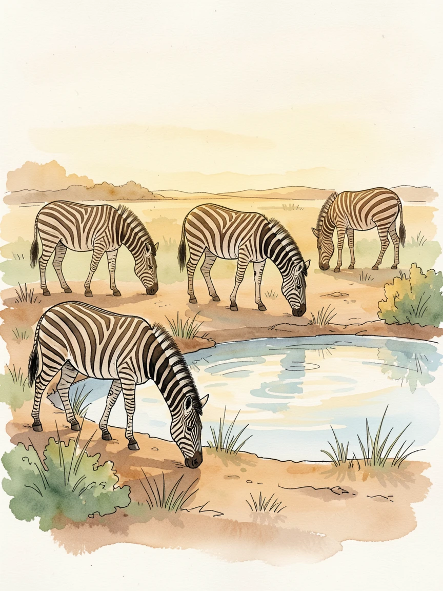 A herd of zebras grazing calmly beside a watering hole, the golden light of late afternoon warming the scene.