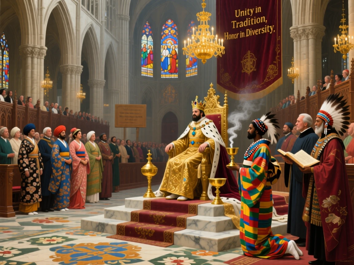 A grand coronation ceremony inside an ornate cathedral filled with nobility, as onlookers in traditional dress watch the scene unfold, celebrating the rich diversity of world cultures and traditions