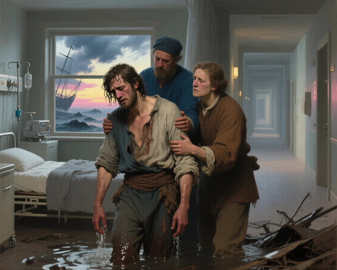 A shipwrecked sailor washing ashore into the arms of rescuers at the moment hope and fear collide, set in a dimly lit hospital ward at the edge of dawn, with storm clouds parting just behind the embracing figures; converging paths in the background lead directly to the embracing pair, aching with bittersweet longing and hard-won joy.