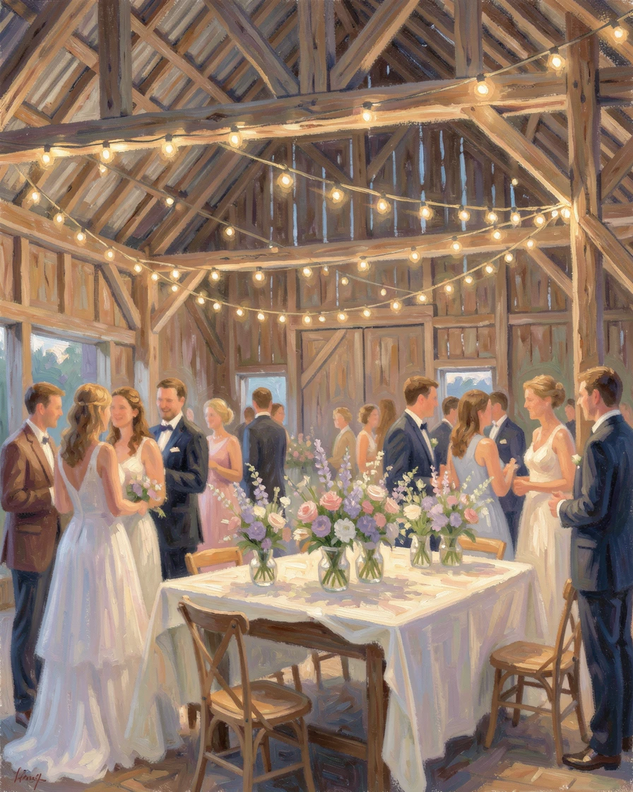 A wedding reception in a rustic barn decorated with fairy lights and wildflower centerpieces, capturing a fleeting moment of pure happiness.