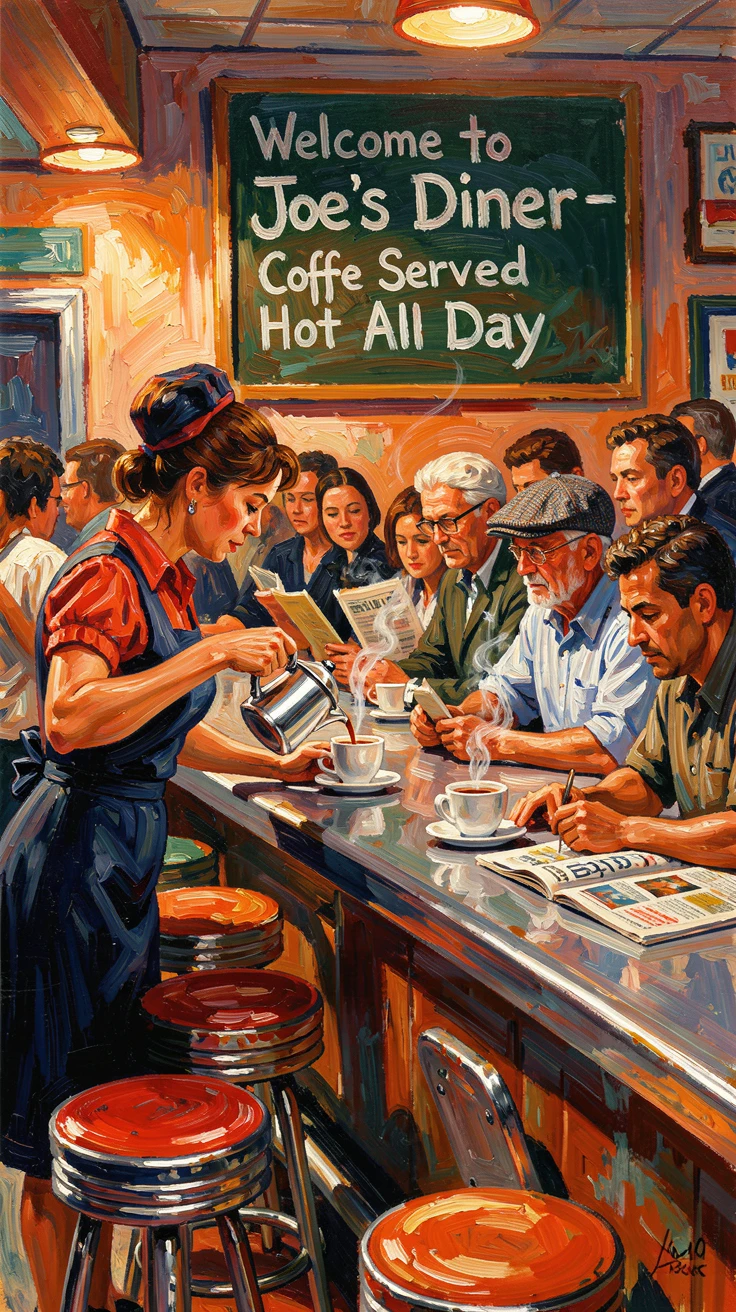 A busy diner counter with a waitress pouring coffee for a row of regulars.