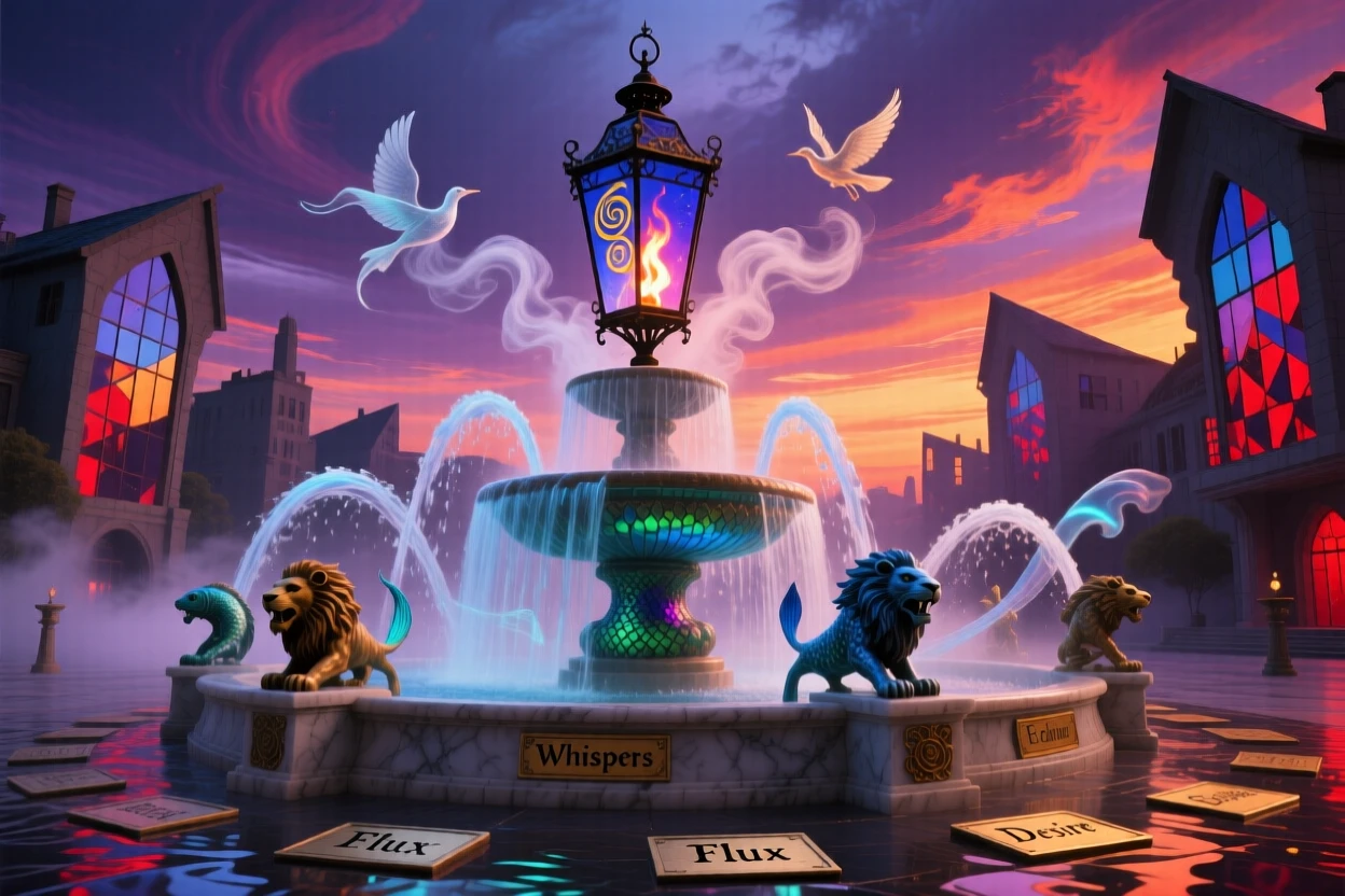 A plaza where fountains flow sideways instead of down leans impossibly against the wind, and a single lantern burns at its highest point.