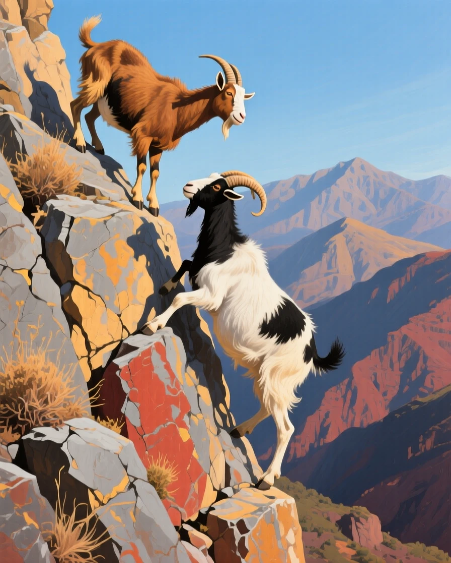 A pair of goats climb confidently along a rocky cliff face in the Atlas Mountains, perfectly balanced on a narrow ledge, small details in its fur or feathers catching the light with remarkable clarity.