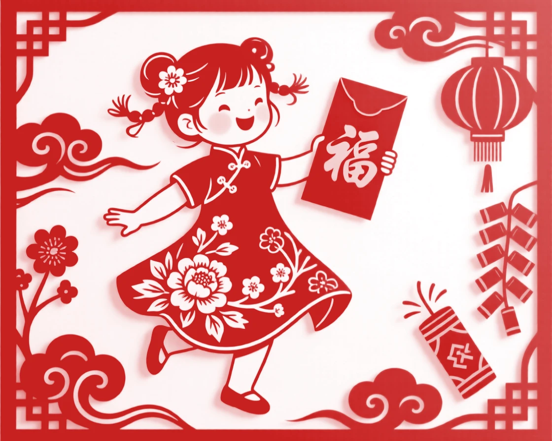 A little girl twirling in a new silk dress on New Year's morning, red envelope clutched tightly in one hand