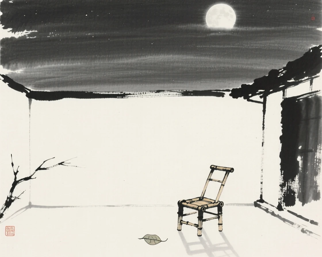 A quiet moonlit courtyard with a single chair beneath a wide and silent sky, balanced with a single small detail against a quiet backdrop, capturing a fleeting, meditative moment of peace.