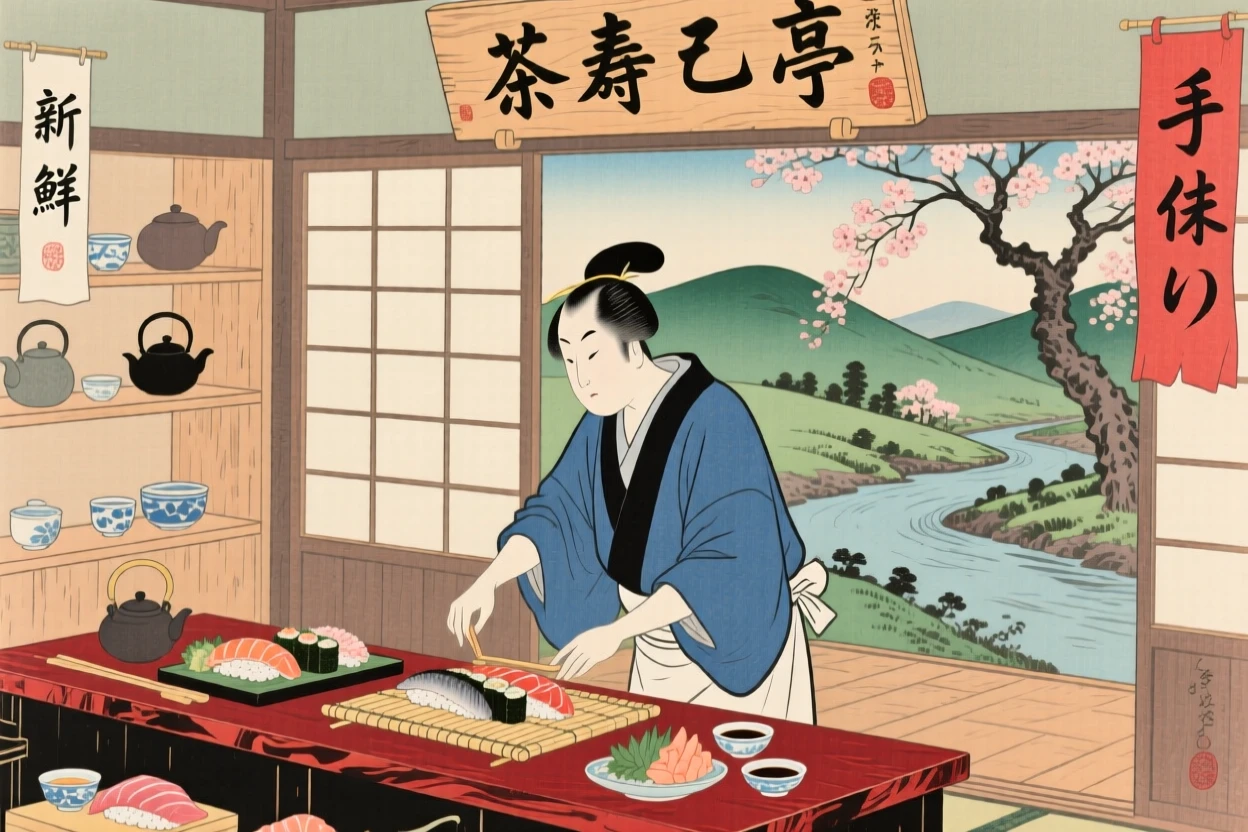 A tea shop owner preparing sushi with precise movements behind a counter.