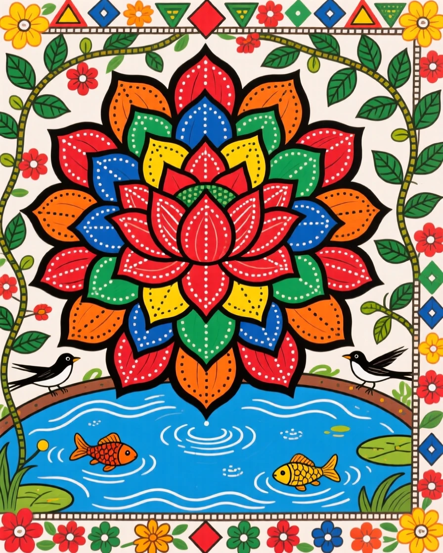 A radiant mandala of lotus petals unfolding around a still pond.