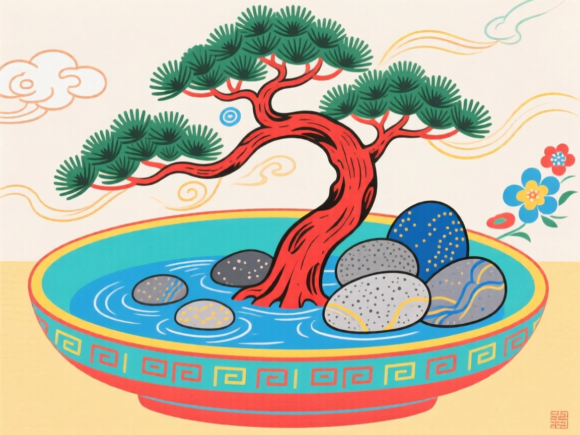 A collection of smooth river stones arranged beside a bonsai pine in a shallow dish.