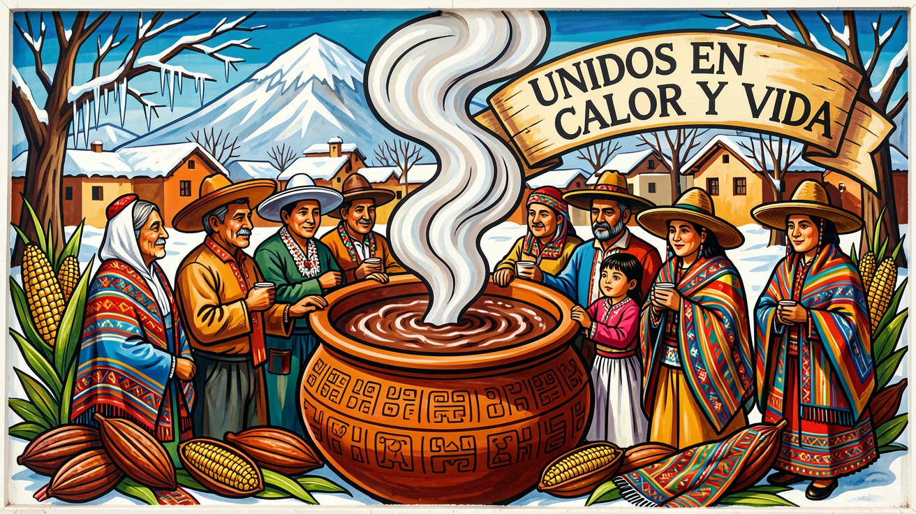 A pot of hot chocolate steaming on a winter morning