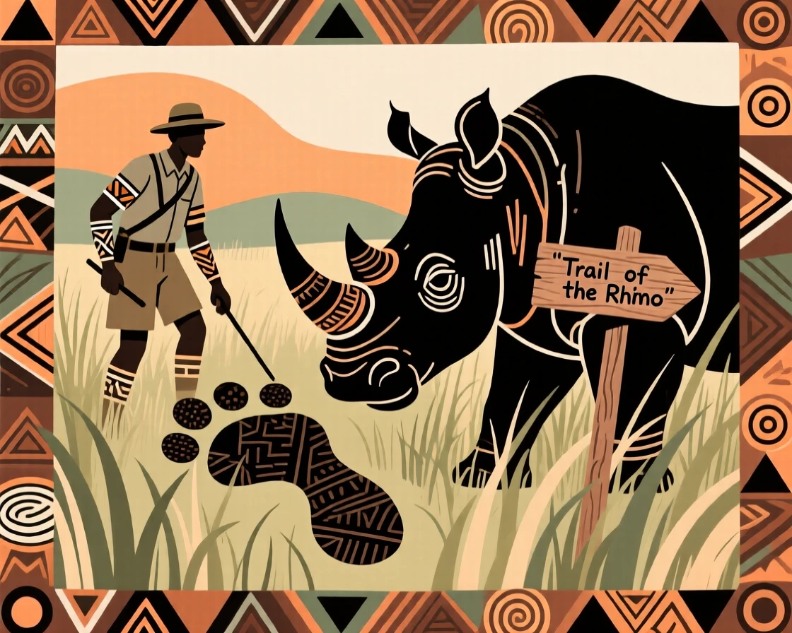 A park ranger tracking rhino footprints through the grass.