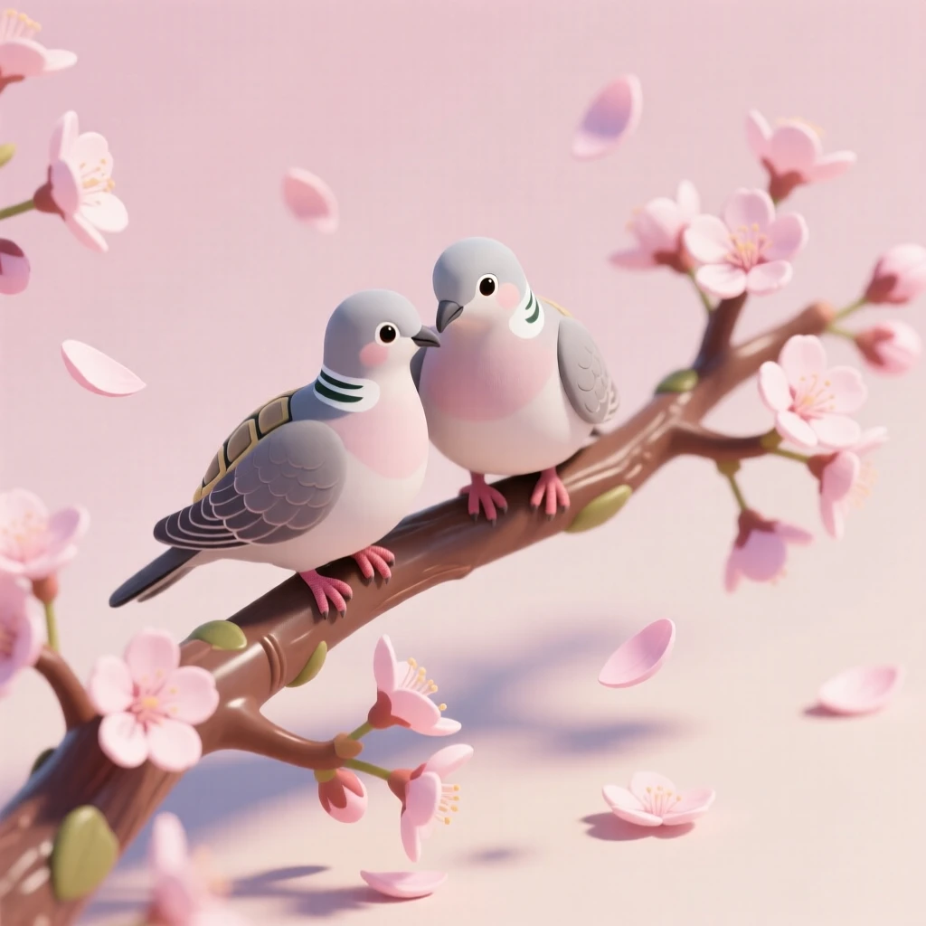 A pair of turtle doves perched on a blossoming cherry branch, petals drifting gently around them in the spring breeze.