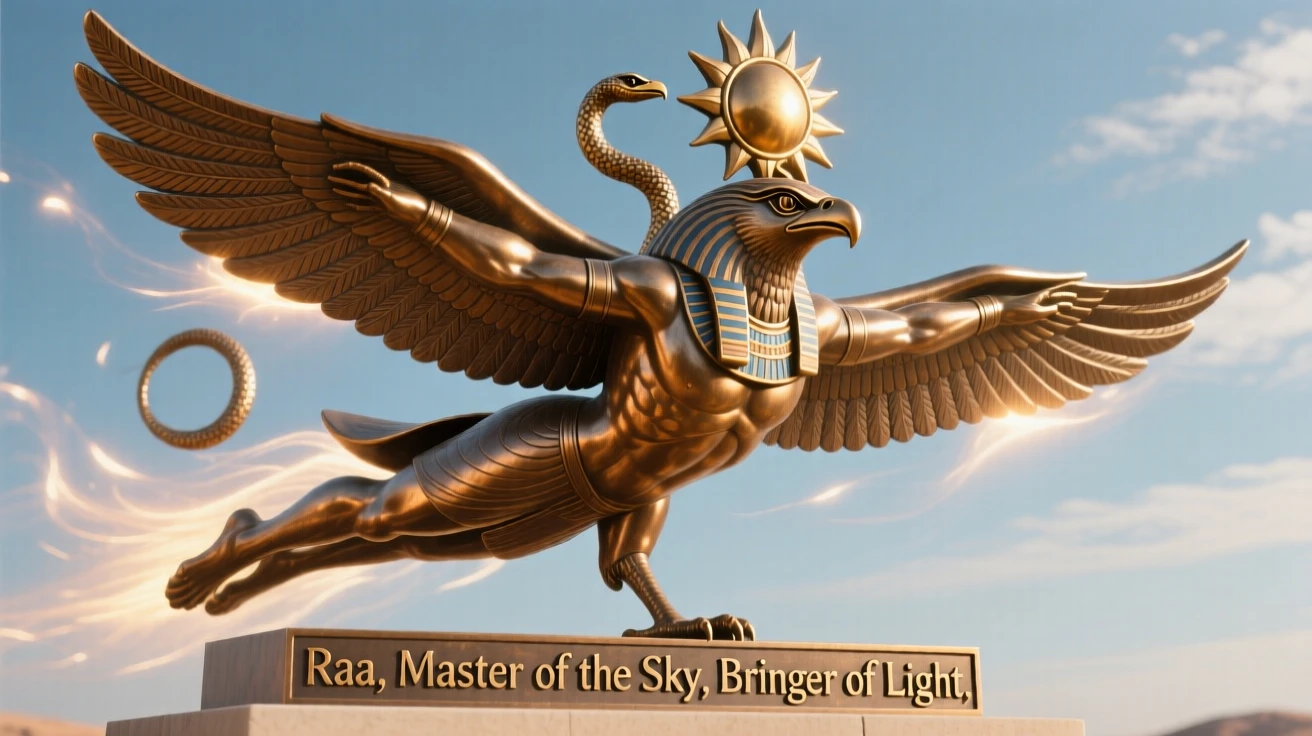Ra soaring across the sky as a falcon-headed sun god, bathed in ethereal, otherworldly glow, radiating awe and grandeur