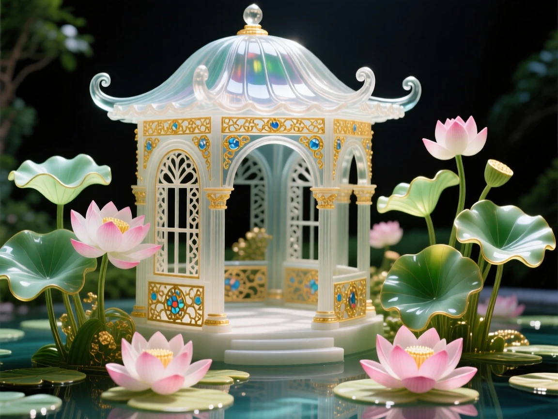 A hidden garden pavilion surrounded by blooming lotus ponds, tranquil and elegant.