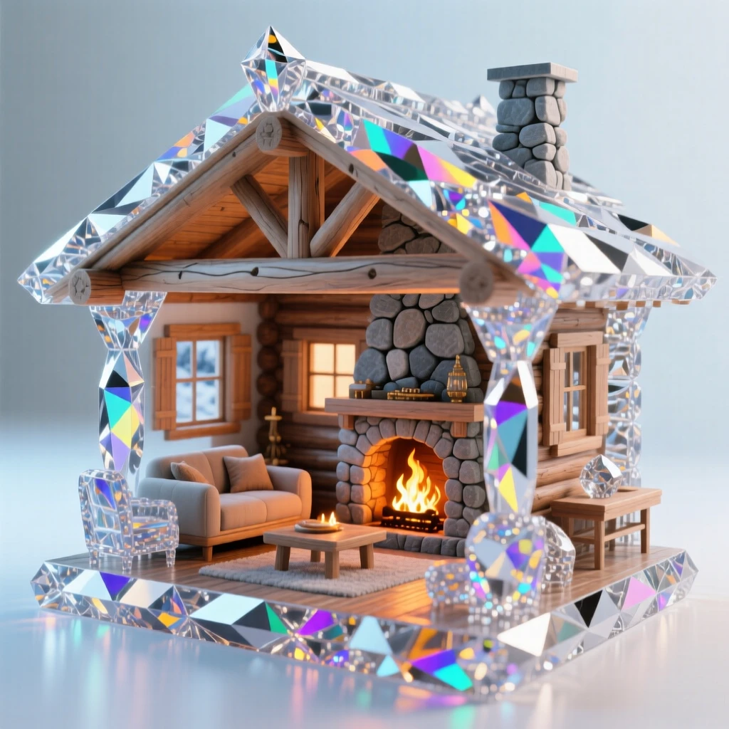 A cozy alpine chalet interior with exposed wood beams and a roaring stone fireplace.