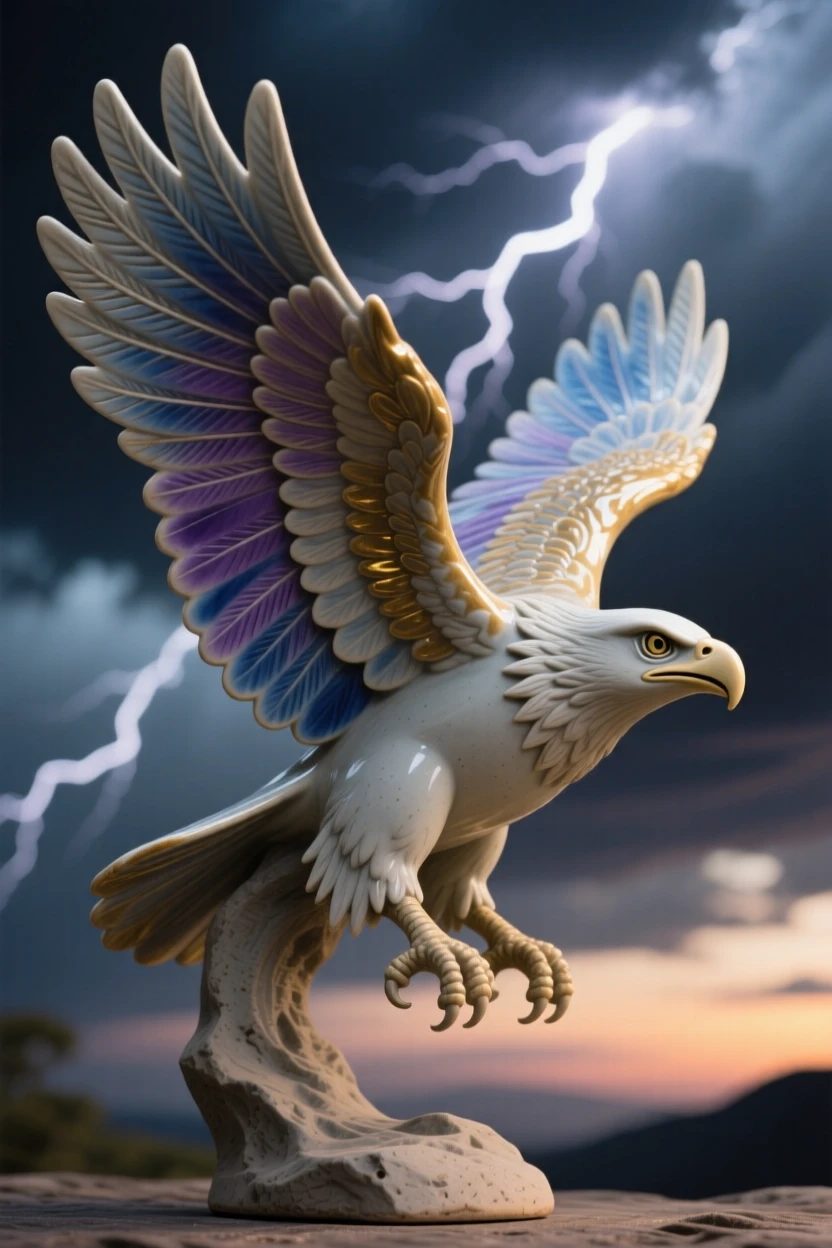 A thunderbird spreading storm-lit wings caught in a graceful, weightless leap, its wings catching the last light of dusk, capturing the enchantment of forgotten legend.