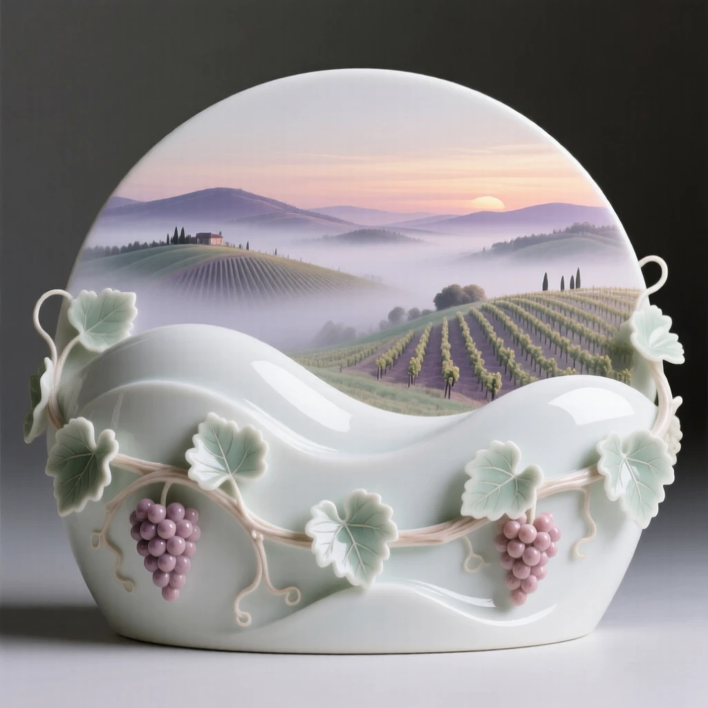 A tranquil rolling vineyard hills at dusk, mist rising gently at dawn.