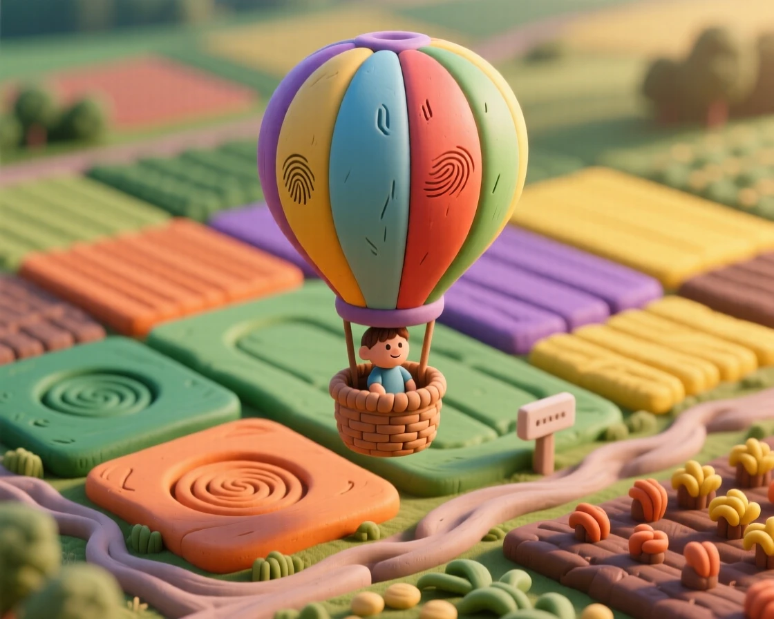 A hot air balloon drifting over a patchwork of colorful farmland