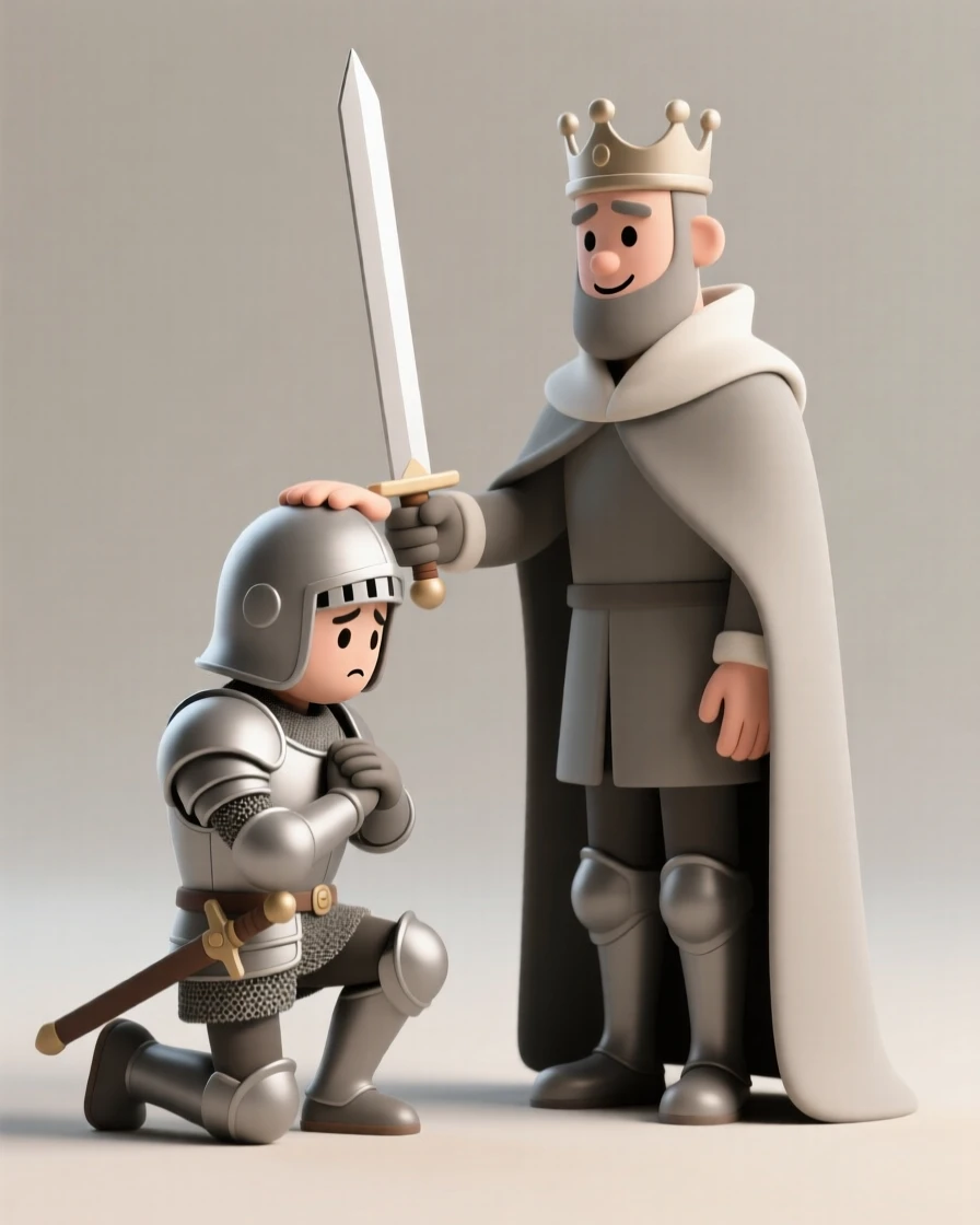A weary knight kneels before a king, receiving a ceremonial tap of a sword on each shoulder.