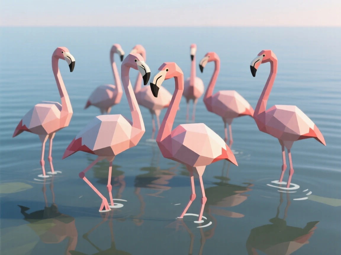 A flock of flamingos standing in shallow water, in the soft light of late afternoon. soft natural light highlights every texture. It captures a fleeting moment of freedom.