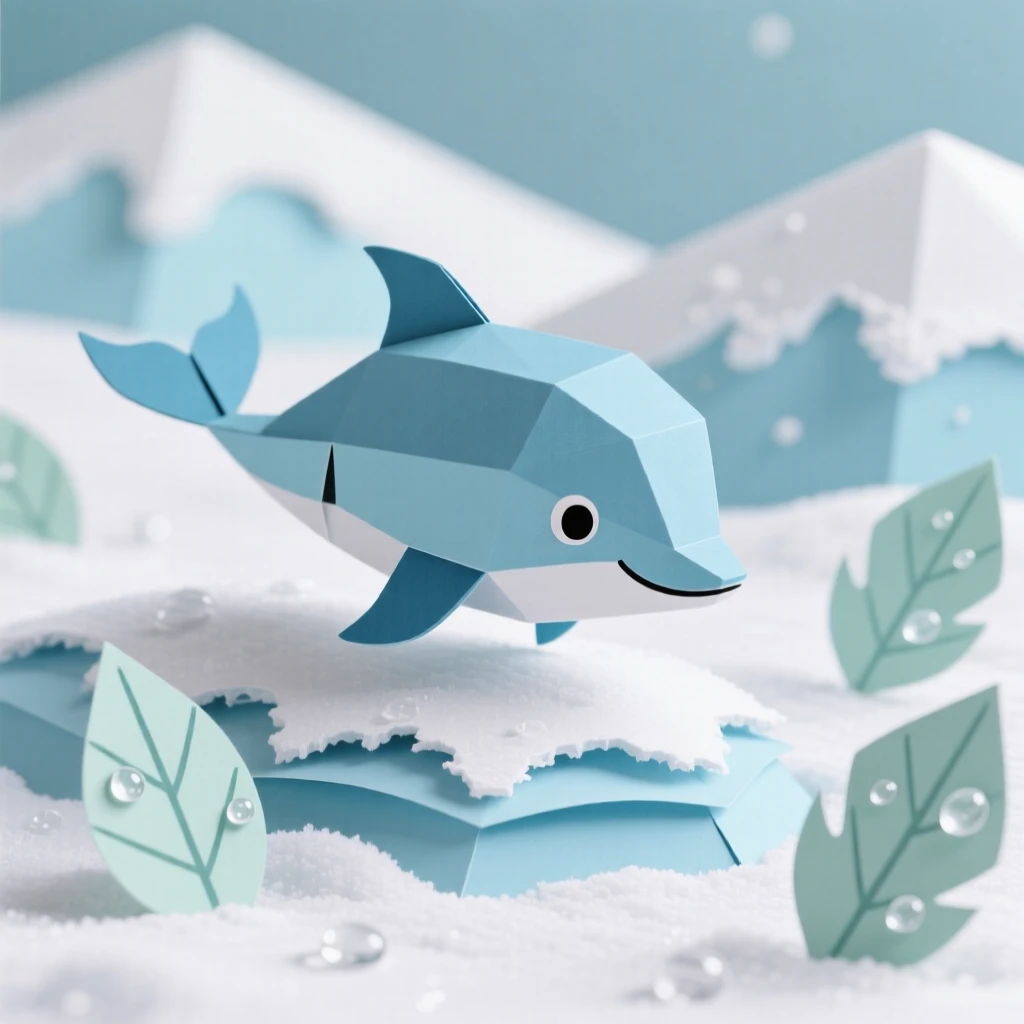 A playful dolphin calf wandering through a snowy landscape, with dew glistening on nearby leaves, evoking cozy, heartwarming charm.