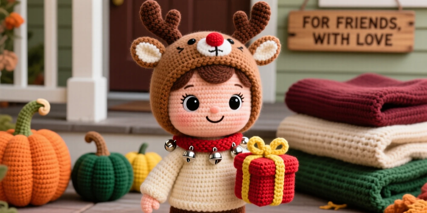 a small child in a reindeer headband, with a jingle bell collar, is shown delivering small gifts to friends in a cozy porch decorated with autumn gourds beside a stack of warm blankets, capturing bright cheerful energy of a special day.
