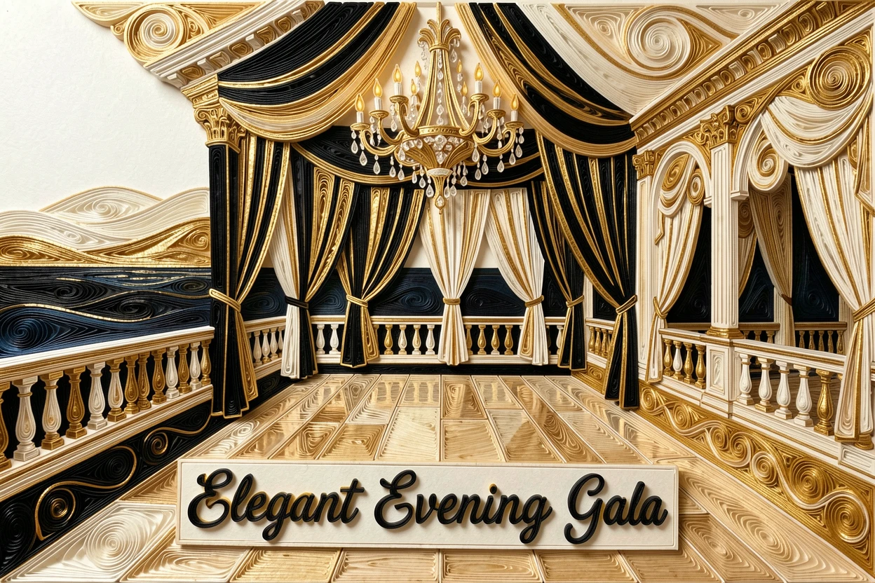 a grand ballroom set for an elegant evening gala, on a private terrace overlooking the Mediterranean, framed with a clean, minimal, high-end aesthetic, in a rich palette of black, gold, and ivory.