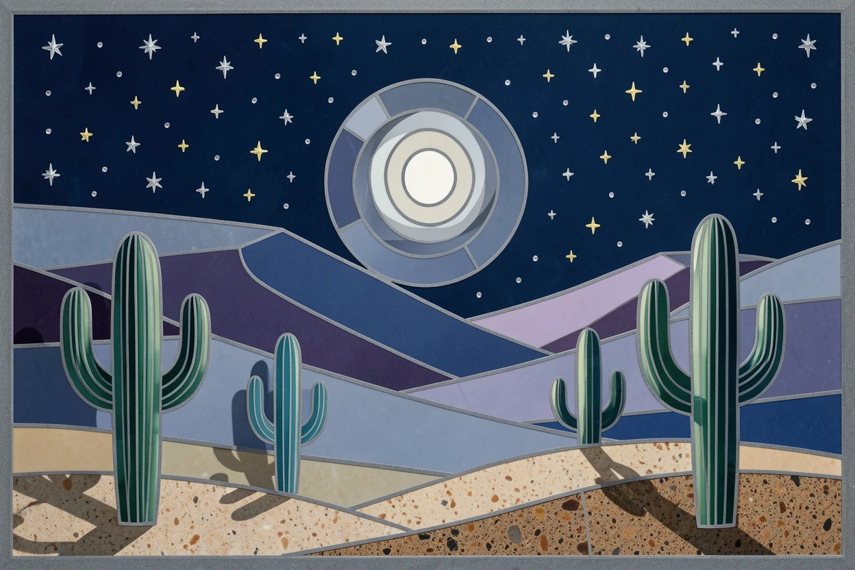 A quiet moonlit desert with scattered cacti under a starry sky.