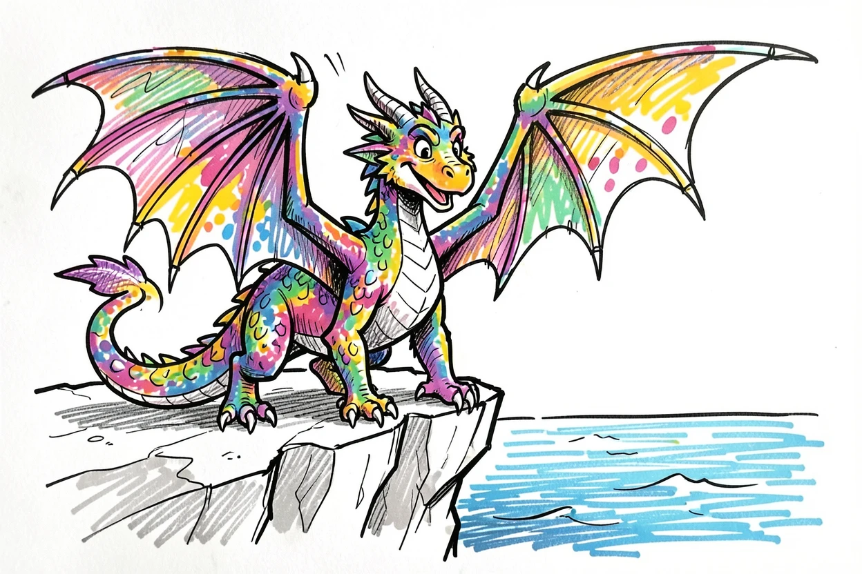 A dragon with rainbow-colored scales stretching its wings on a cliffside overlooking the sea.