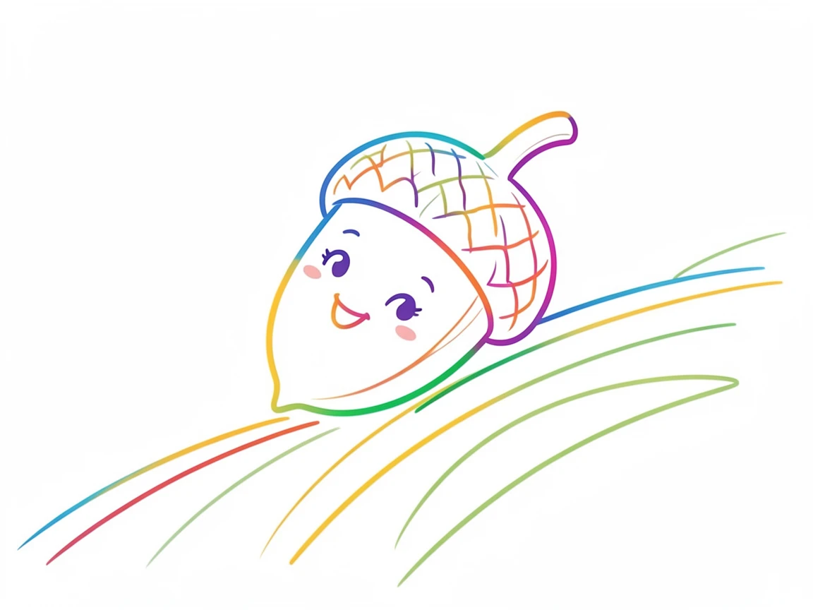 A cheerful acorn character with a tiny face rolling down a hill.