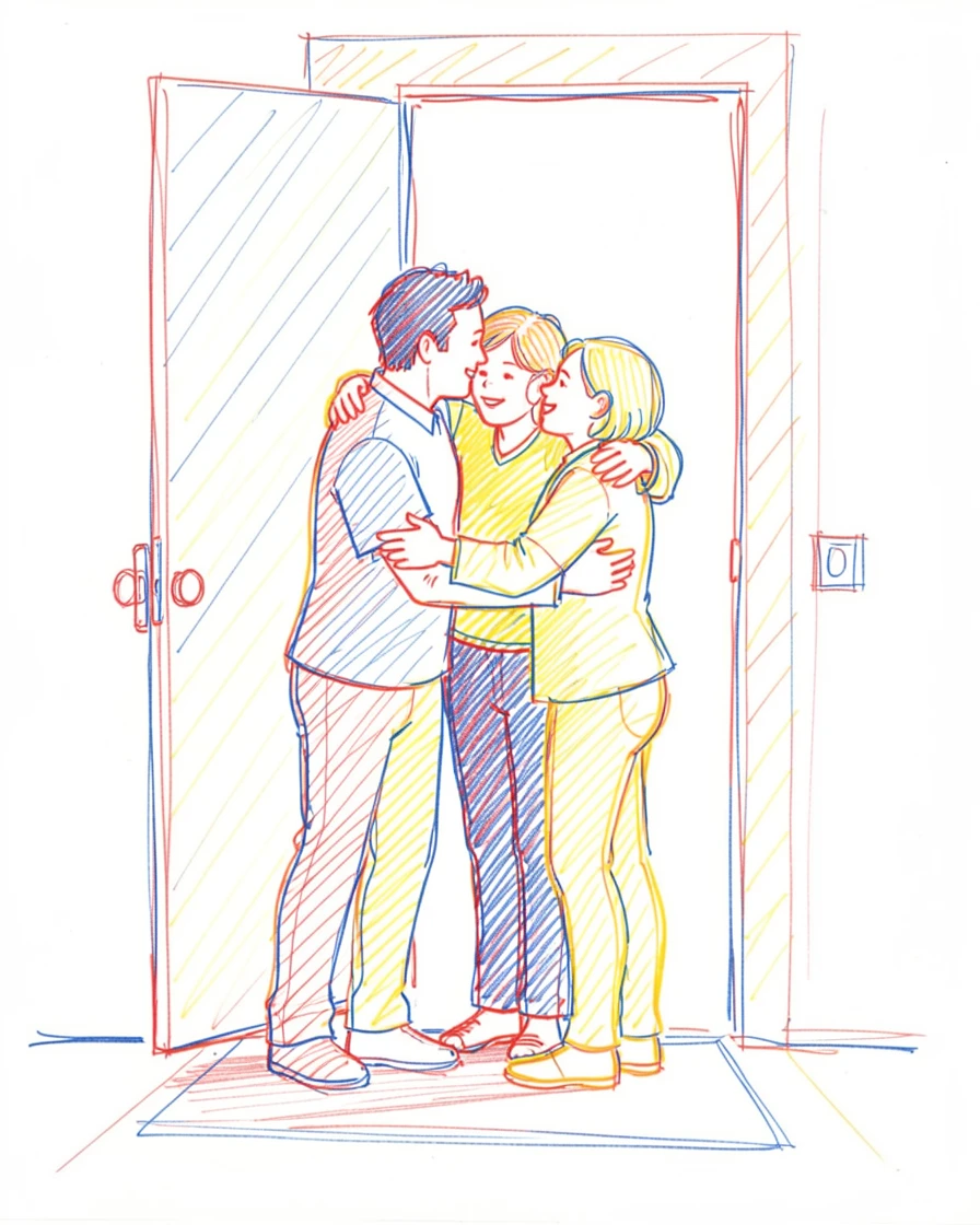 A family group hug in the doorway before a big trip