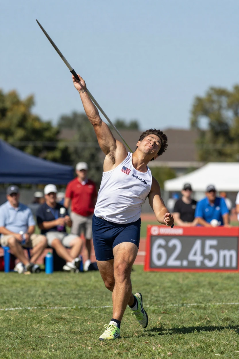 A javelin thrower releases mid-stride, body fully extended toward the sky.