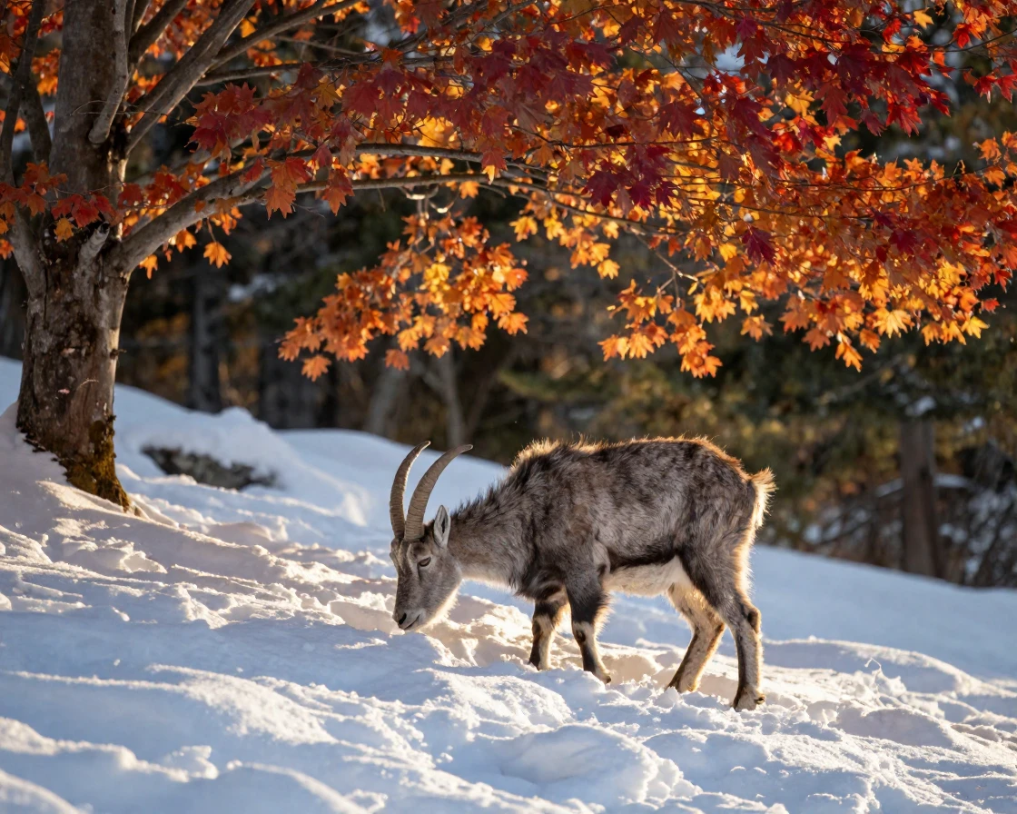 A mountain goat foraging quietly through fresh snow beneath a canopy of autumn leaves