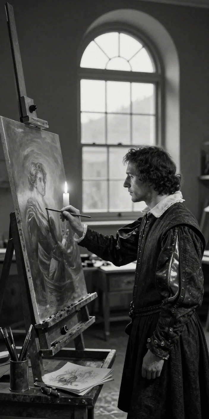 A renaissance painter paints a masterpiece by candlelight beside tall arched windows.