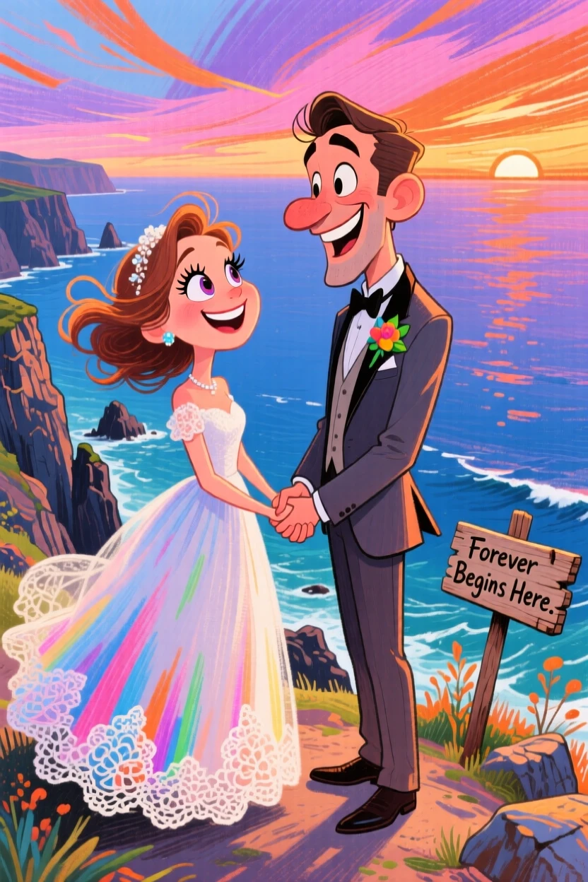 A couple exchanging vows on a cliffside overlooking the ocean at sunset.
