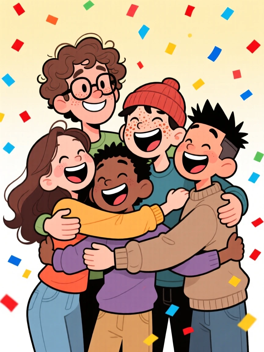 A heartwarming scene of roommates turned best friends sharing a huge group hug and laughing together, as confetti drifts down around them.